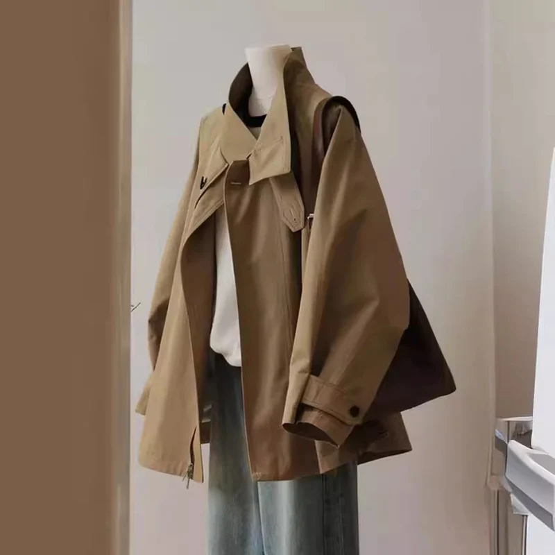 Damen Trench-inspirierte Kurzjacke mit Oversize-Silhouette, Stehkragen und verdecktem Reißverschluss Nord Taschen