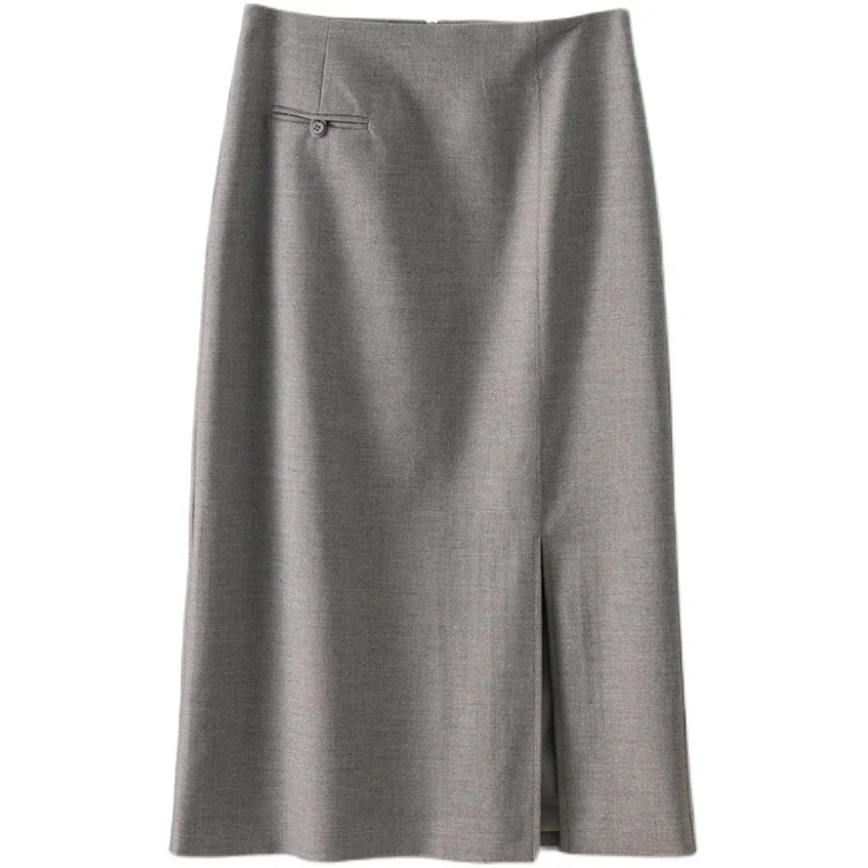 Damen Taillierter Midirock mit hohem Bund, dekorativer Leistentasche und vorderlichem Schlitz Nord Taschen