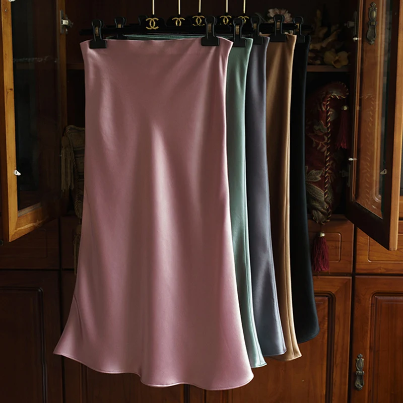 Damen Taillenhoher Midirock aus Satin-Bias mit seidig-glänzendem Fall Nord Taschen