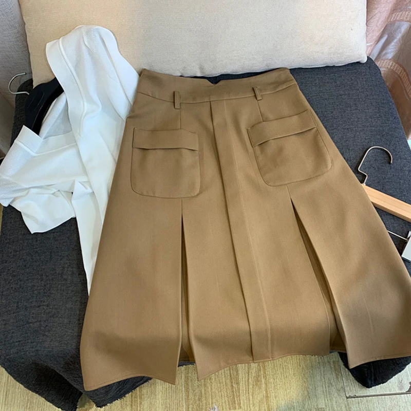 Damen Taillenhoher A‑Linien‑Midirock mit aufgesetzten Pattentaschen und Kellerfalten Nord Taschen