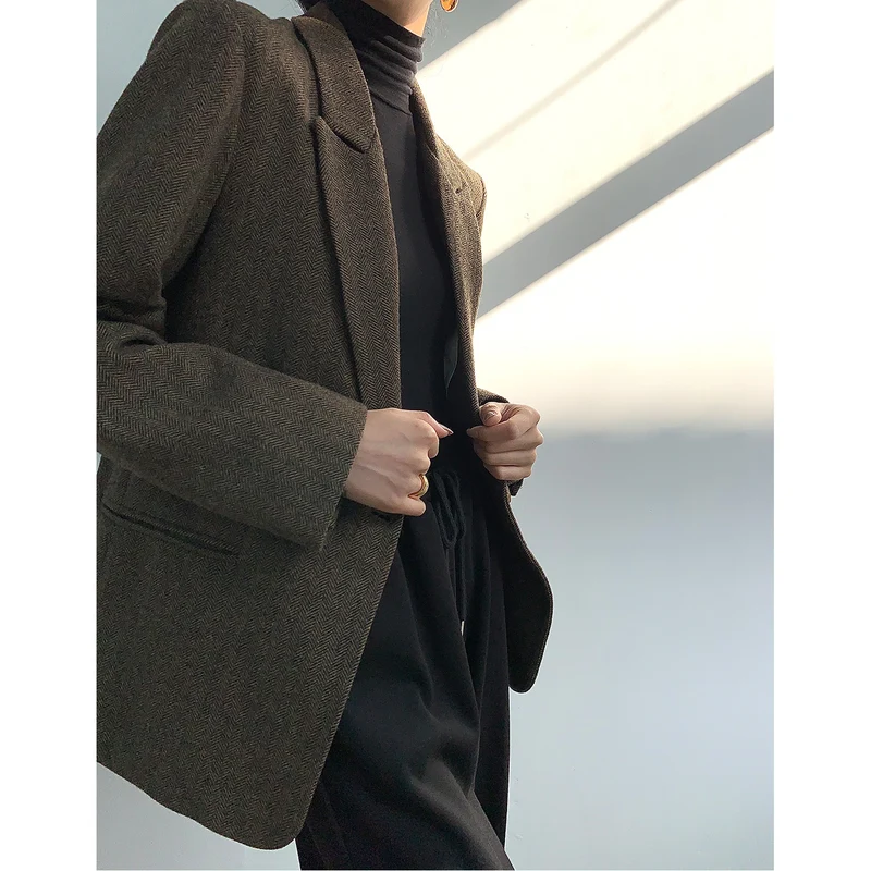 Damen Klassischer Woll-Tweed-Blazer mit schmalem Revers, Teilgefüttert und Ein-Knopf Nord Taschen