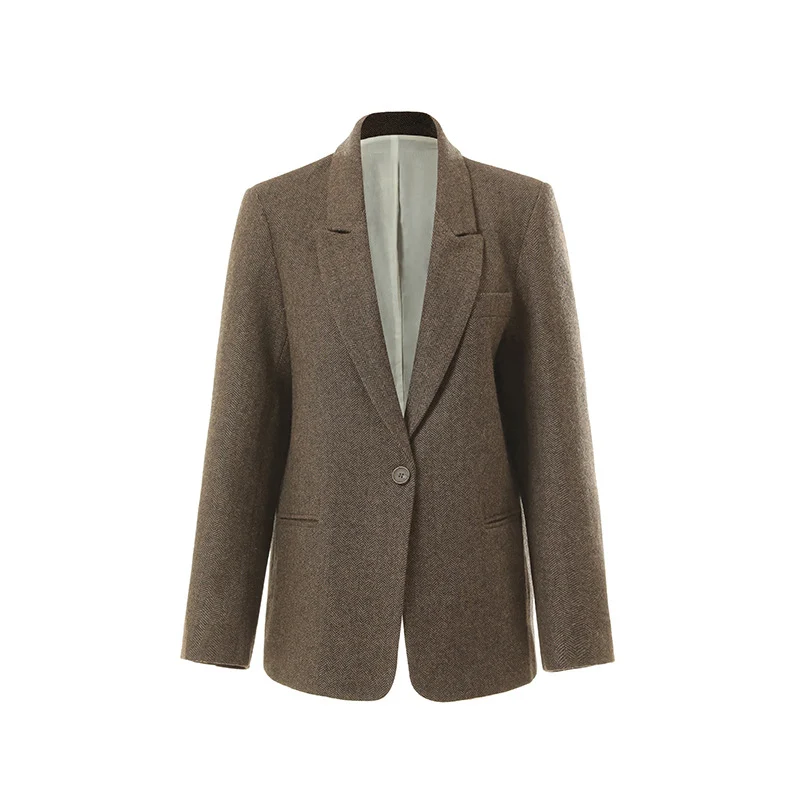 Damen Klassischer Woll-Tweed-Blazer mit schmalem Revers, Teilgefüttert und Ein-Knopf Nord Taschen