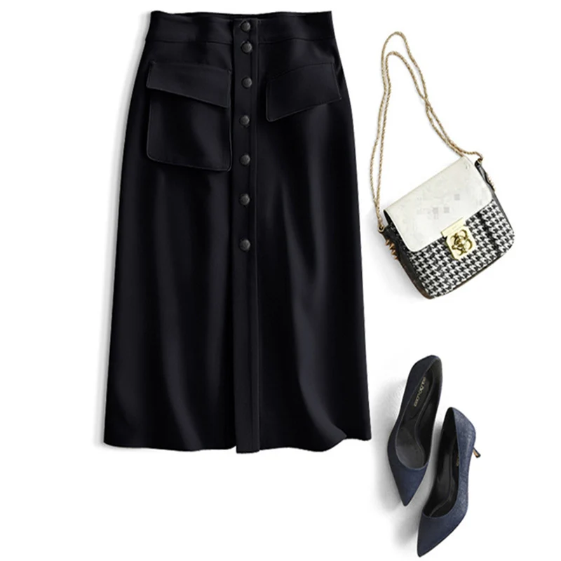 Damen Hochtaillierter Midirock mit Frontknopfleiste & Aufgesetzten Taschen Nord Taschen