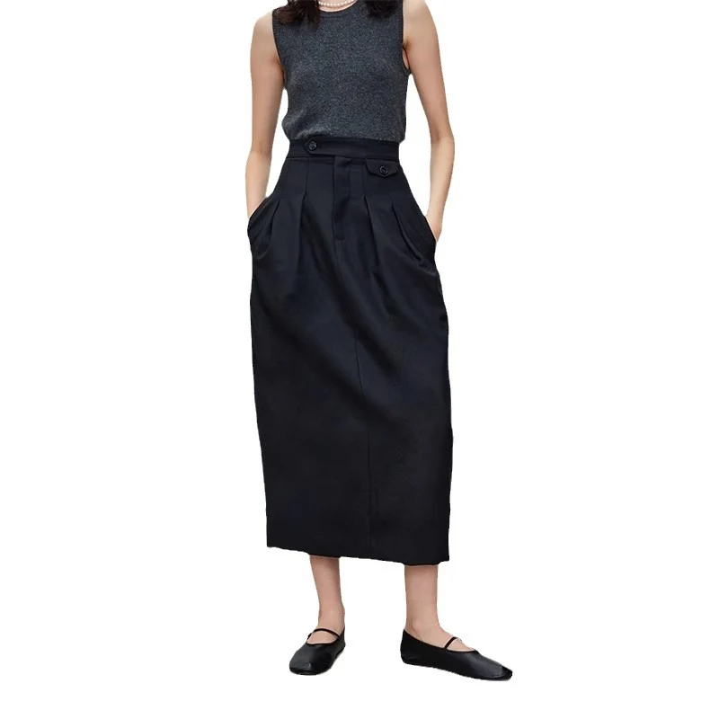 Damen Hochtaillierter Midirock mit Bundfalten, Eingrifftaschen und geradem Fall Nord Taschen