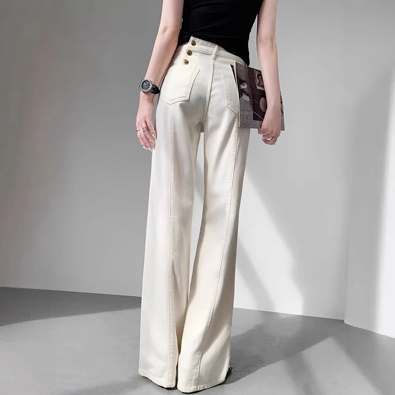 Damen Hochtaillierte weite Jeanshose im Palazzo‑Schnitt mit sichtbarer Doppelknopfleiste Nord Taschen