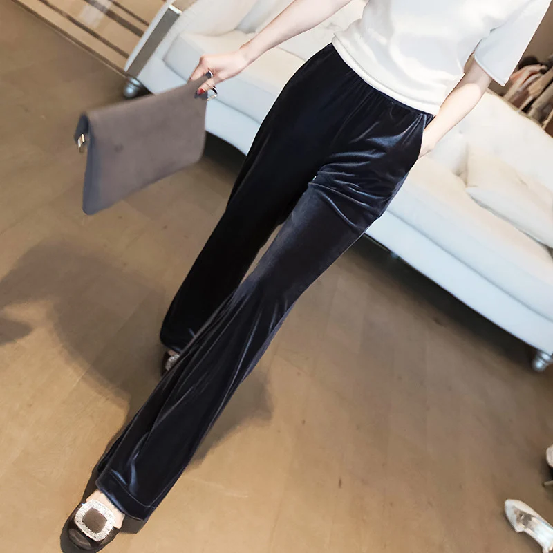Damen Hochtaillierte Samt-Hose mit weitem Bein und elastischem Komfortbund Nord Taschen