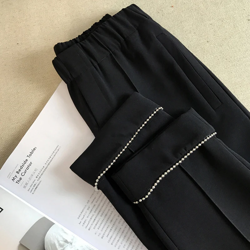 Damen Hochtaillierte Bundfaltenhose mit elastischem Bund und perlenbesetztem Saum Nord Taschen