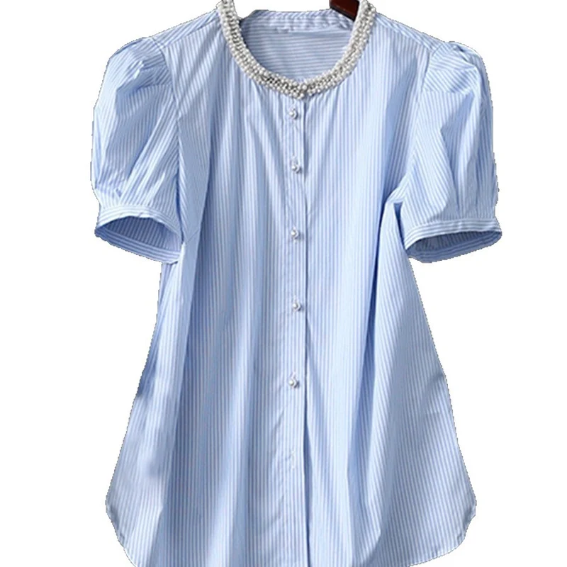 Damen Gestreifte Bluse mit perlenbesetztem Rundhals, verdeckter Knopfleiste und extra langen Manschetten Nord Taschen
