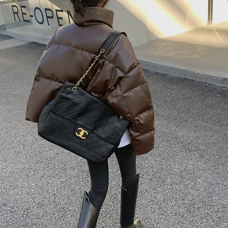 Damen Gepolsterte Kurze Kunstleder-Steppjacke mit Stehkragen Nord Taschen