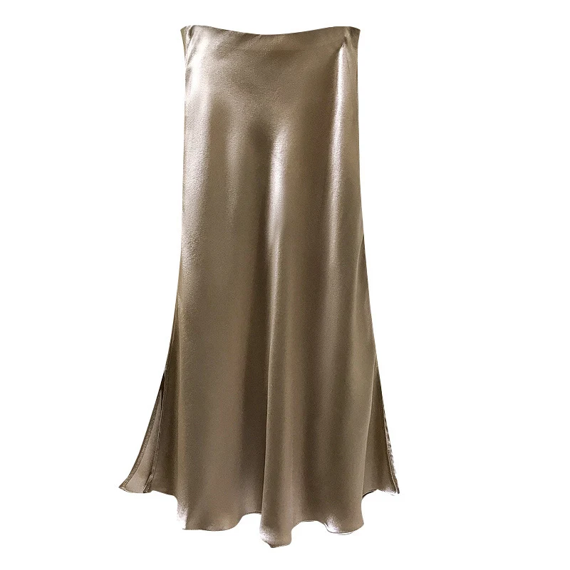 Damen Fließender Satin-Bias-Midirock mit hohem Bund und seitlichen Schlitzen Nord Taschen