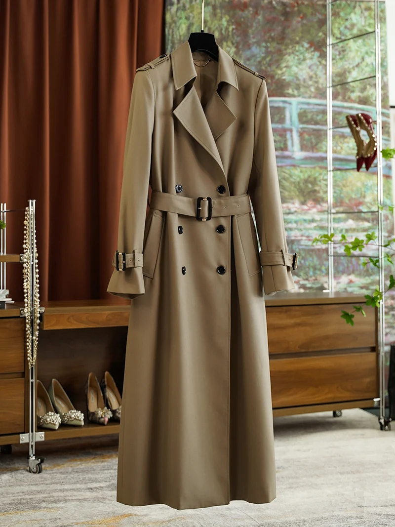 Damen Doppelreihiger taillierter Trenchcoat mit Gürtel, Schulterklappen & verstellbaren Manschetten Nord Taschen