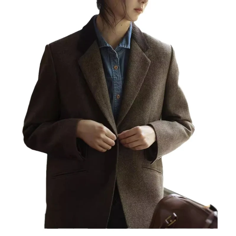 Damen Boxy Wollmix-Blazer mit minimalistischer Ein-Knopf-Optik und Leistentaschen Nord Taschen