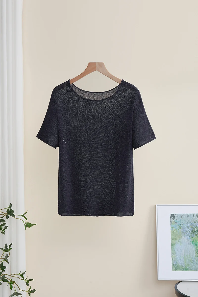 Damen Weiches Feinstrick-T-Shirt mit halbarm, weiter U-Boot-Ausschnitt und feiner Struktur Nord Taschen
