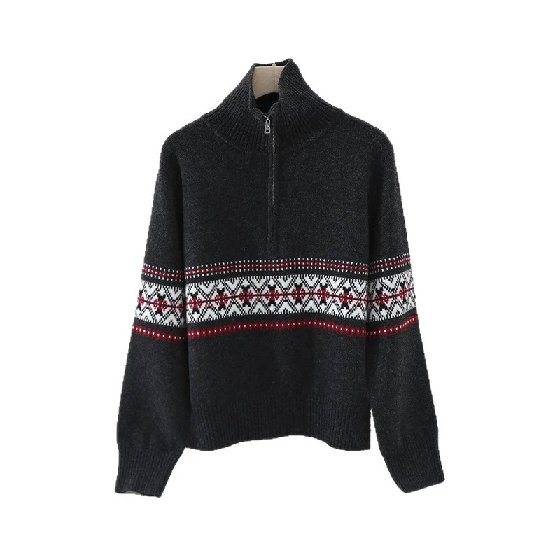 Damen Wärmender Norweger-Strickpullover mit halbem Reißverschluss und hohem Stehkragen Nord Taschen