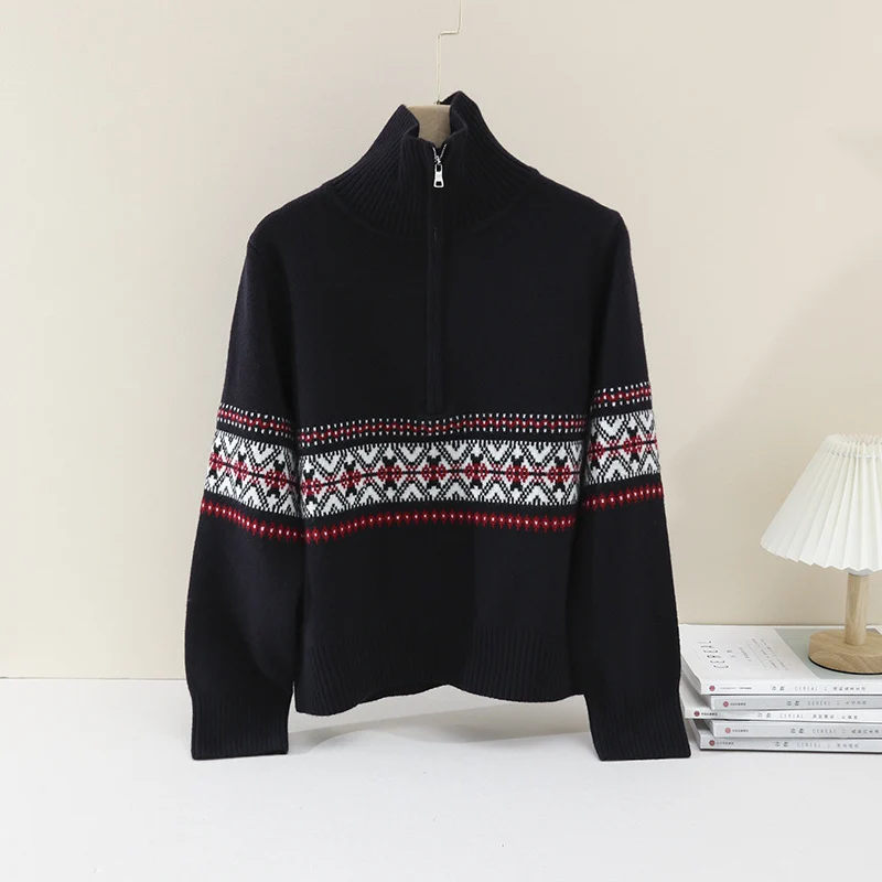 Damen Wärmender Norweger-Strickpullover mit halbem Reißverschluss und hohem Stehkragen Nord Taschen