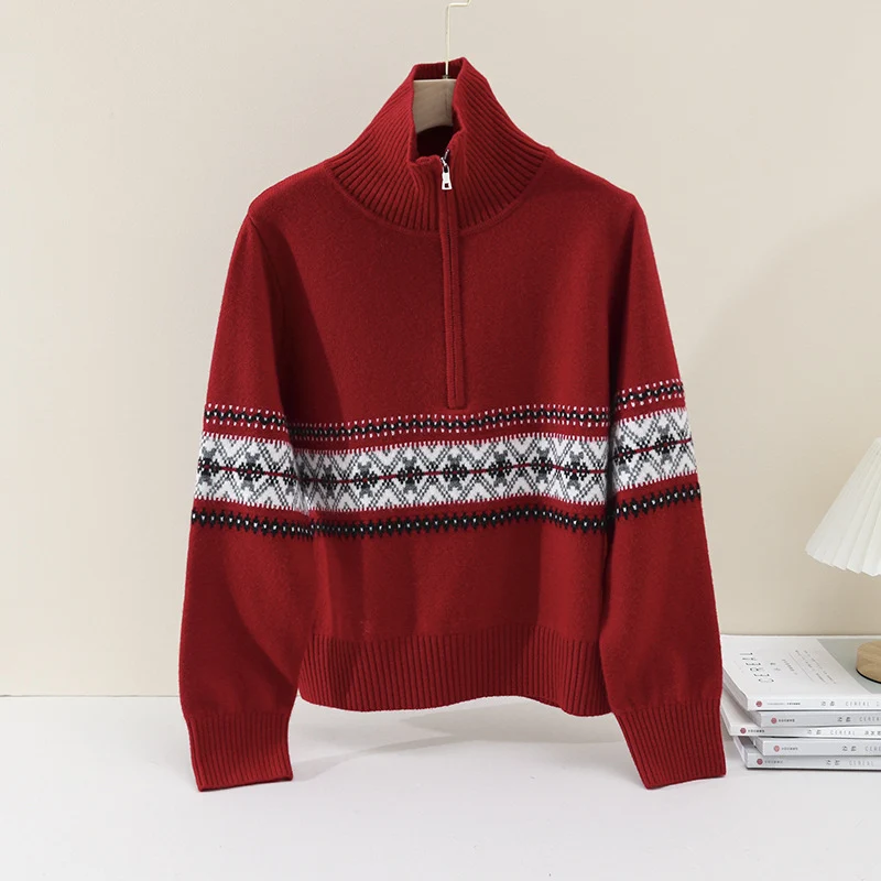 Damen Wärmender Norweger-Strickpullover mit halbem Reißverschluss und hohem Stehkragen Nord Taschen