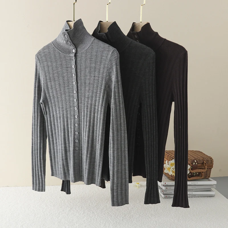Damen Schmaler Rippen-Longsleeve-Cardigan mit verdeckter Knopfleiste und Stehkragen Nord Taschen