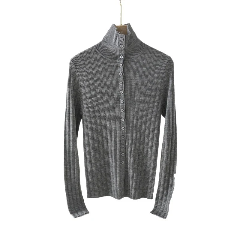 Damen Schmaler Rippen-Longsleeve-Cardigan mit verdeckter Knopfleiste und Stehkragen Nord Taschen