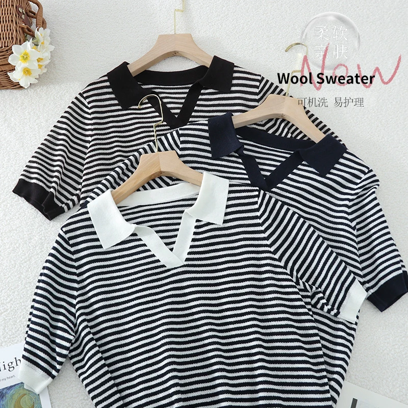 Damen Ringel-Polo-Feinstrickshirt mit offenem V-Schlitz und kontrastierendem Kragen Nord Taschen