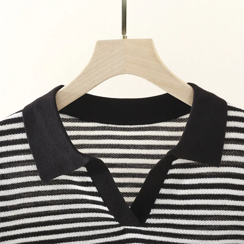 Damen Ringel-Polo-Feinstrickshirt mit offenem V-Schlitz und kontrastierendem Kragen Nord Taschen