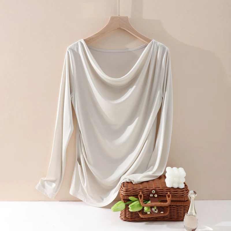 Damen Oversize-Drapé-Shirt mit Wasserfallkragen & leichtem Jerseyfall Nord Taschen