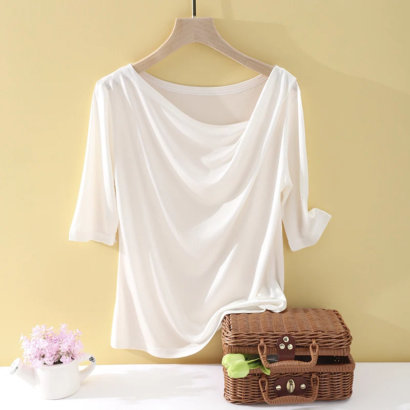 Damen Oversize-Drapé-Shirt mit Wasserfallkragen & leichtem Jerseyfall Nord Taschen