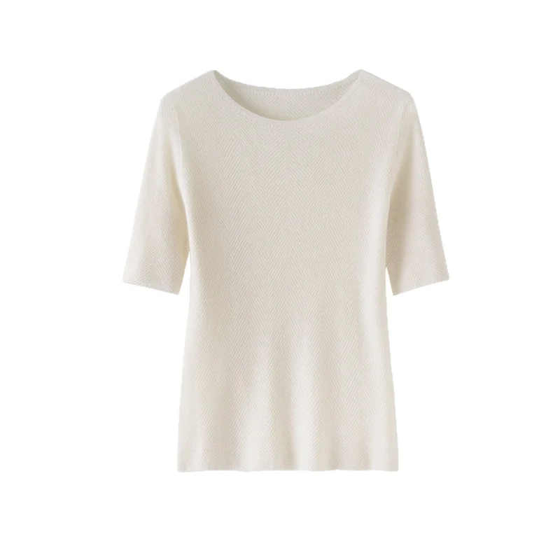 Damen Lockeres Feinstrick-Tunika-Shirt mit U-Boot-Ausschnitt und Fischgrätstruktur Nord Taschen