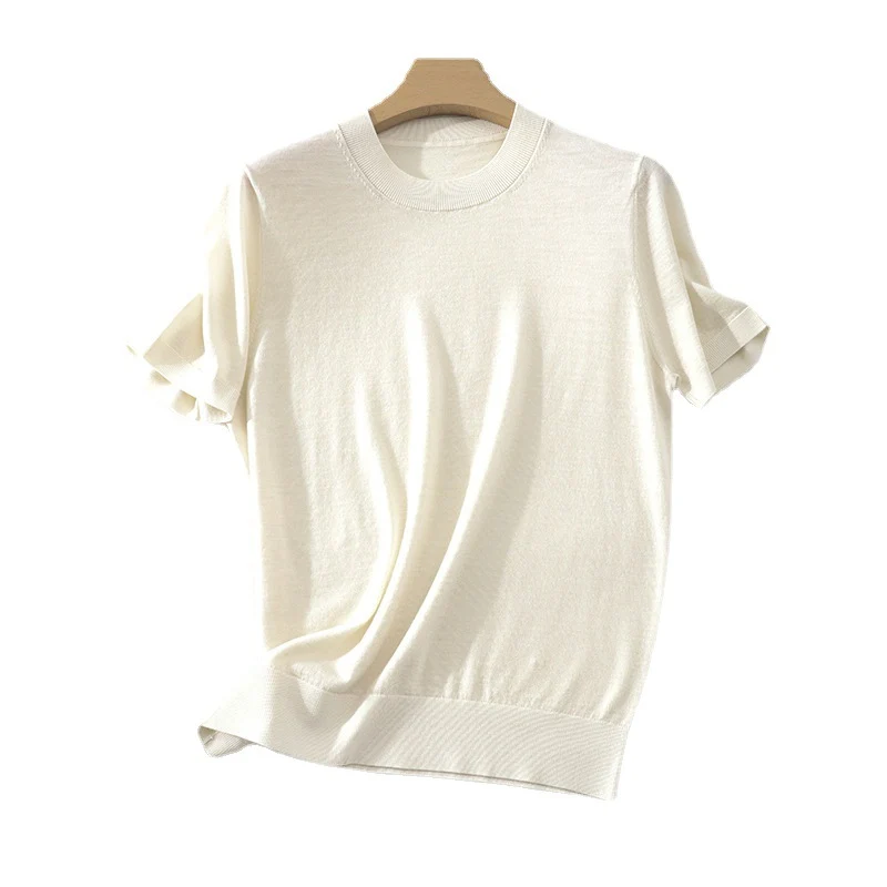 Damen Leichtes Kurzarm-Stricktop aus feinem Jersey mit Rundhals und Saumblende Nord Taschen