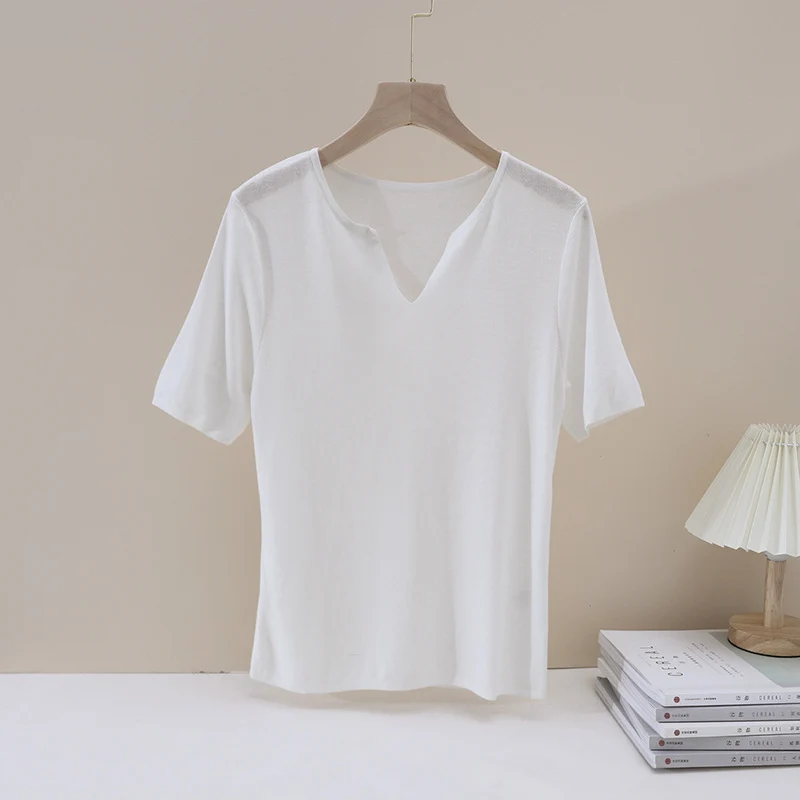 Damen Leichtes Kurzarm-Feinstrickshirt mit V-Notch-Ausschnitt und lockerem Fall Nord Taschen