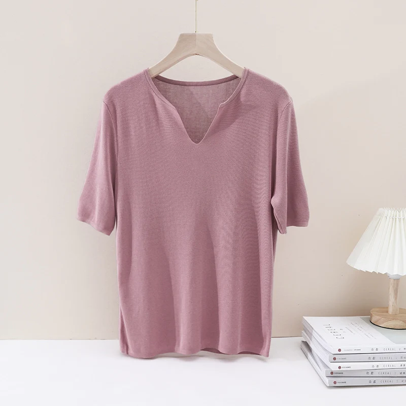 Damen Leichtes Kurzarm-Feinstrickshirt mit V-Notch-Ausschnitt und lockerem Fall Nord Taschen