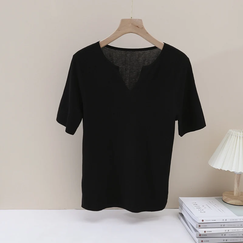 Damen Leichtes Kurzarm-Feinstrickshirt mit V-Notch-Ausschnitt und lockerem Fall Nord Taschen