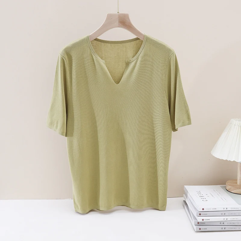 Damen Leichtes Kurzarm-Feinstrickshirt mit V-Notch-Ausschnitt und lockerem Fall Nord Taschen