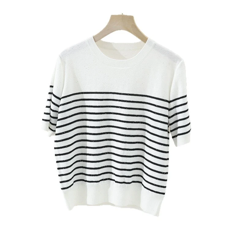 Damen Leichtes gestreiftes Feinstrickshirt mit Rundhalsausschnitt & kurzem Arm Nord Taschen