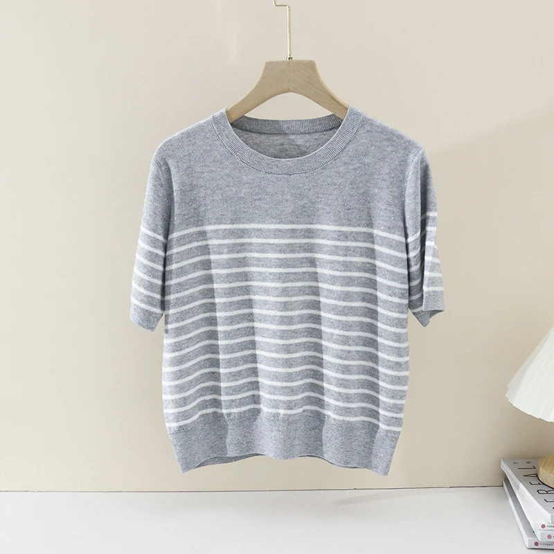 Damen Leichtes gestreiftes Feinstrickshirt mit Rundhalsausschnitt & kurzem Arm Nord Taschen