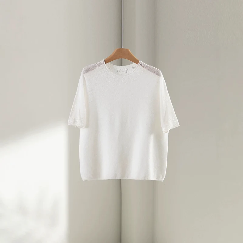 Damen Leichtes Feinstrick-Shirt mit halblangen Ärmeln, Rundhals und feinem Lochmuster Nord Taschen