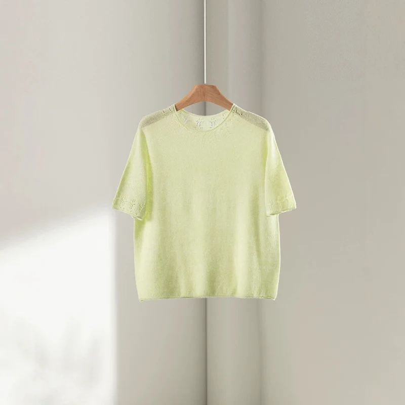 Damen Leichtes Feinstrick-Shirt mit halblangen Ärmeln, Rundhals und feinem Lochmuster Nord Taschen