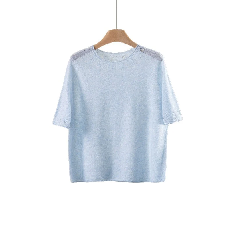 Damen Leichtes Feinstrick-Shirt mit halblangen Ärmeln, Rundhals und feinem Lochmuster Nord Taschen