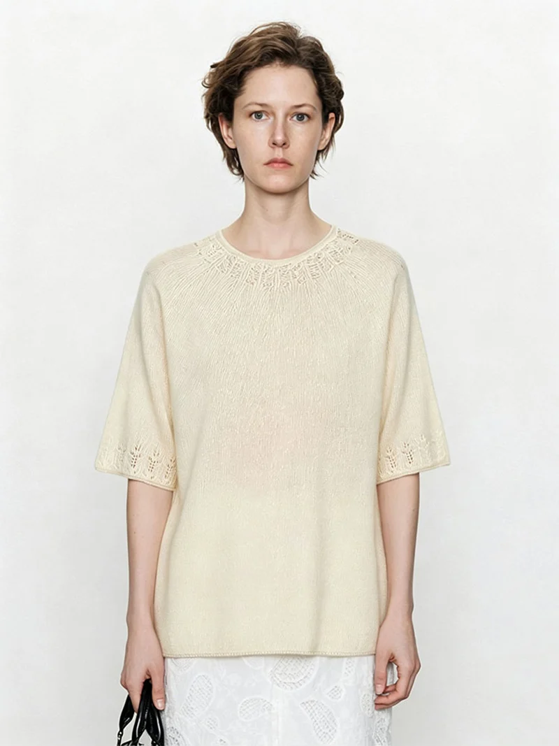 Damen Leichtes Feinstrick-Shirt mit halblangen Ärmeln, Rundhals und feinem Lochmuster Nord Taschen