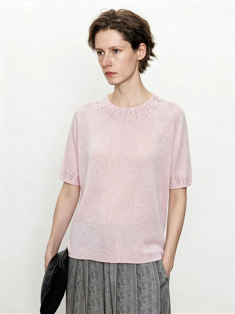 Damen Leichtes Feinstrick-Shirt mit halblangen Ärmeln, Rundhals und feinem Lochmuster Nord Taschen
