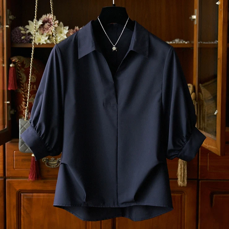 Damen Seidenoptik Hemdbluse mit verdeckter Knopfleiste und dreiviertelärmeln Nord Taschen