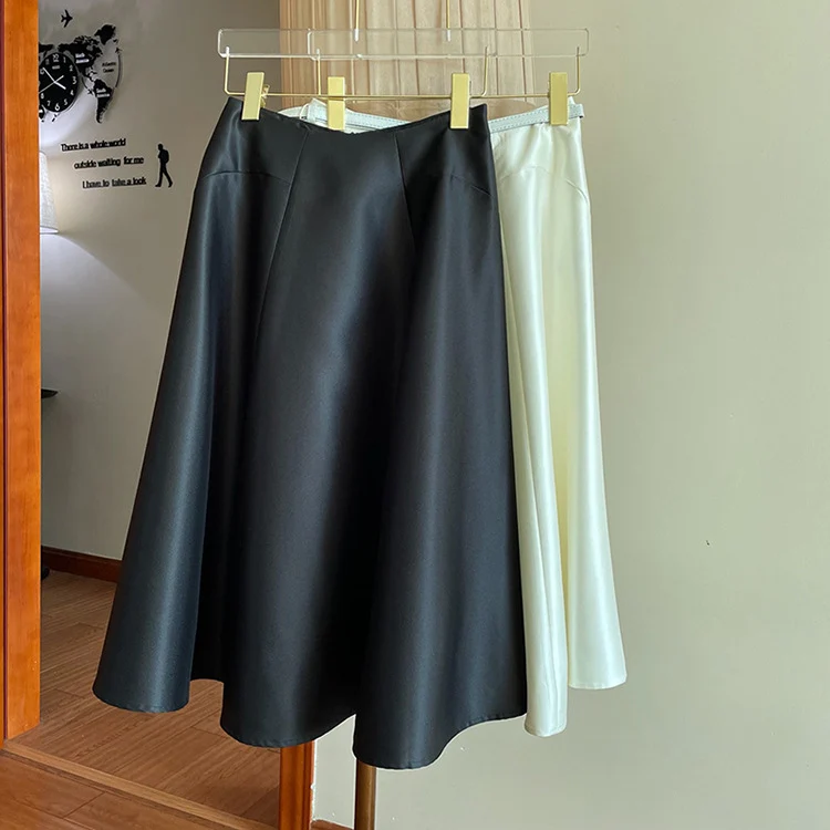 Damen Satin-Midirock mit ausgestellter A‑Linie und schmalem Bindegürtel Nord Taschen
