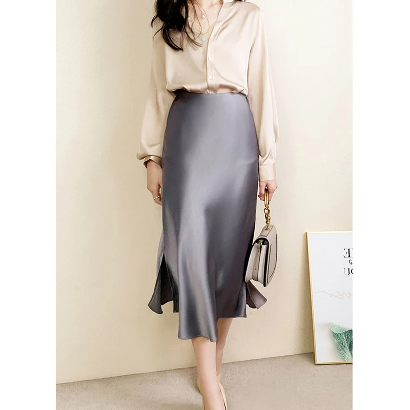 Damen Satin-Midirock in Bias-Cut mit hoher Taille und Seitenschlitz Nord Taschen