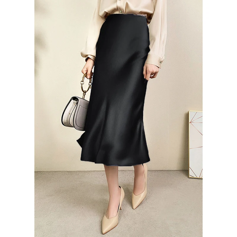 Damen Satin-Midirock in Bias-Cut mit hoher Taille und Seitenschlitz Nord Taschen