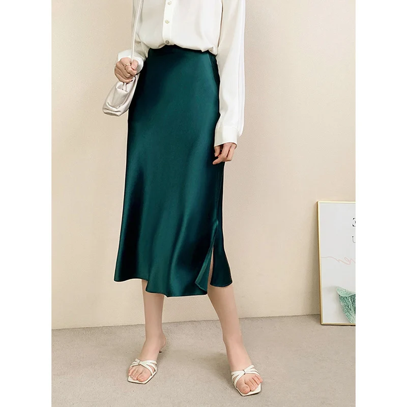 Damen Satin-Midirock in Bias-Cut mit hoher Taille und Seitenschlitz Nord Taschen