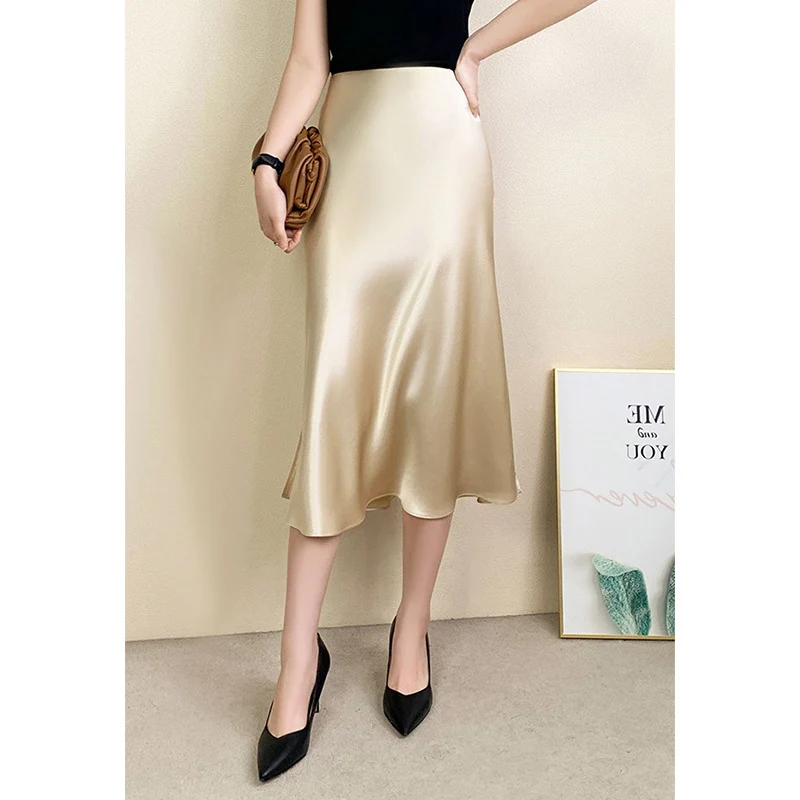 Damen Satin-Midirock in Bias-Cut mit hoher Taille und Seitenschlitz Nord Taschen