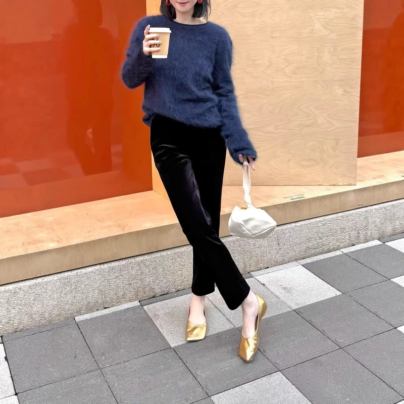 Damen Samt-Hose mit geradem Bein und hoher Taille Nord Taschen