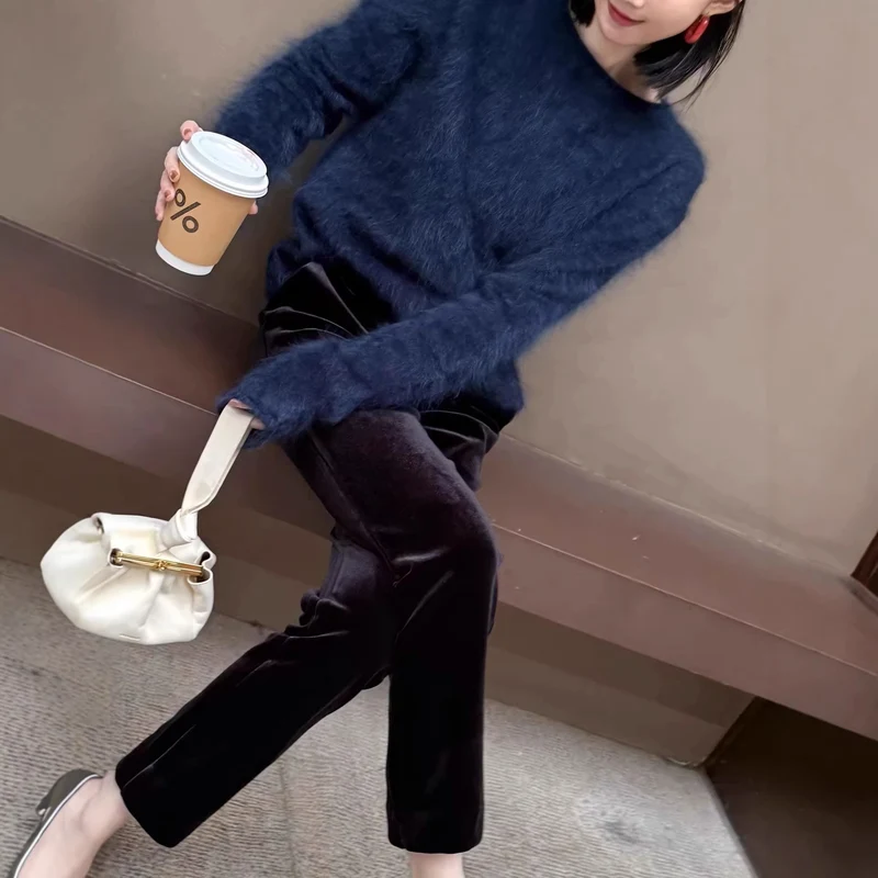 Damen Samt-Hose mit geradem Bein und hoher Taille Nord Taschen