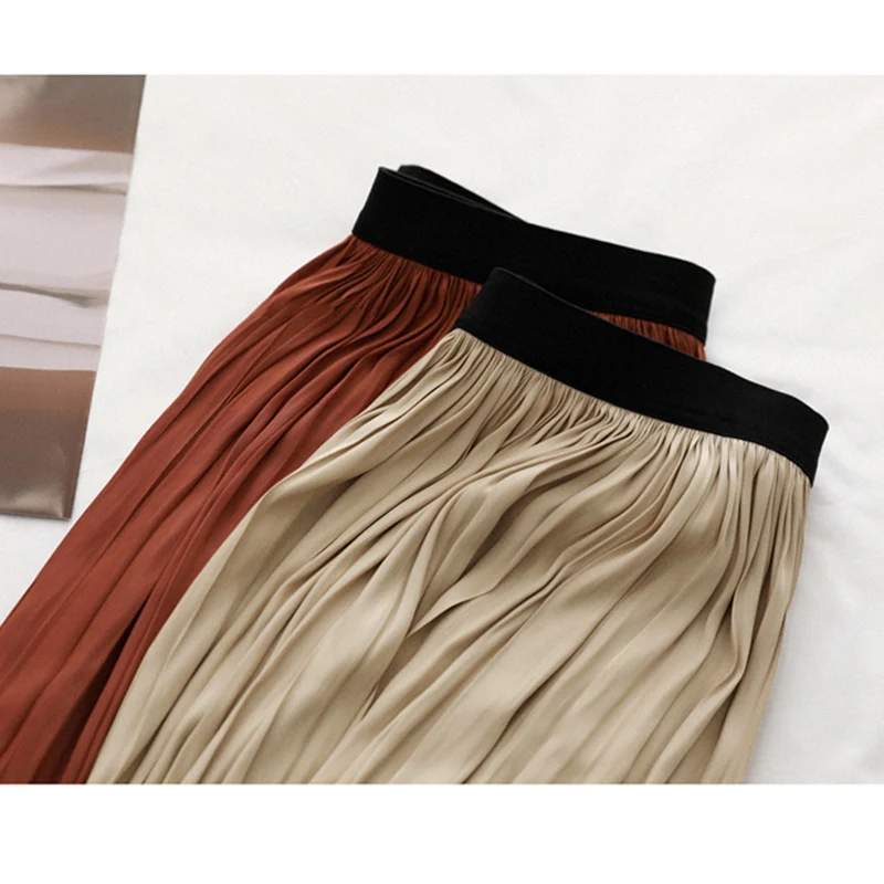 Damen plissierter Maxirock mit hoher Taille und fließendem Satinfall Nord Taschen