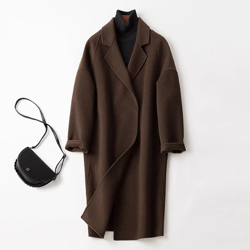 Damen Oversize Wollmix Mantel mit fallendem Revers und gerader Maxilänge Nord Taschen