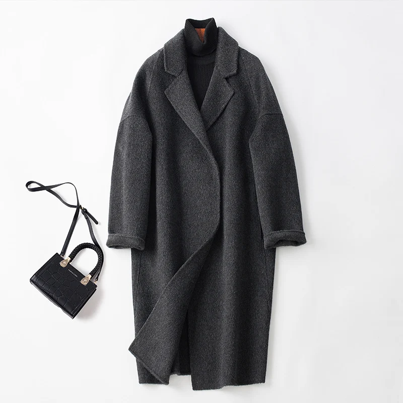 Damen Oversize Wollmix Mantel mit fallendem Revers und gerader Maxilänge Nord Taschen